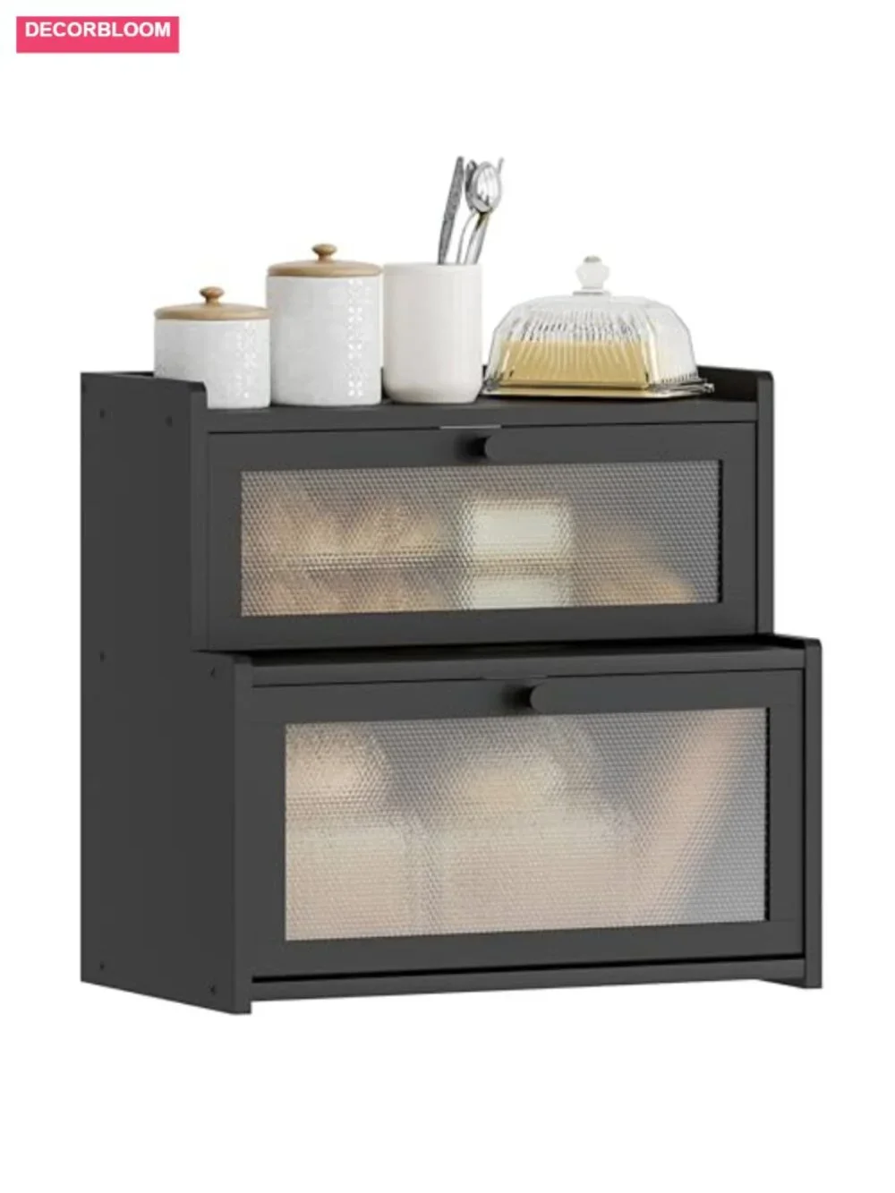 Large Bamboo Bread Box with Magnetic Closure, Double Layer Ladder Design,